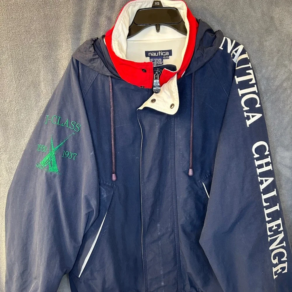 VTG 90s Nautica Challenge J-Class Sailing Jacket Navy Red XXL Hooded Windbreaker